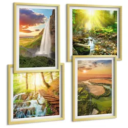 BILDER SET 4er Set - 50x50 cm & 40x60 cm Goldrahmen - Orange Mountain Wasserfall