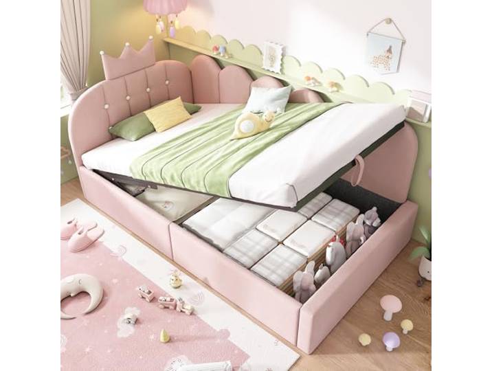 Crlnaup Polsterbett Daybett 90x200 cm,Tagesbett-Schlafsofa mit Stauraum (hydraulisch),Gästebett L-Form Samt in Rosa mit Kronen-Gitter-Design, ohne Matratze