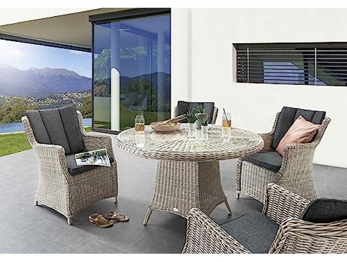 Destiny Sitzgruppe Luna 4 Sessel + Tisch Ø100x75cm, Polyrattan Vintage weiß