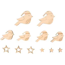 Holzmotive Vögel & Sterne, flach, 2,5–4,3 cm, 12 Stück