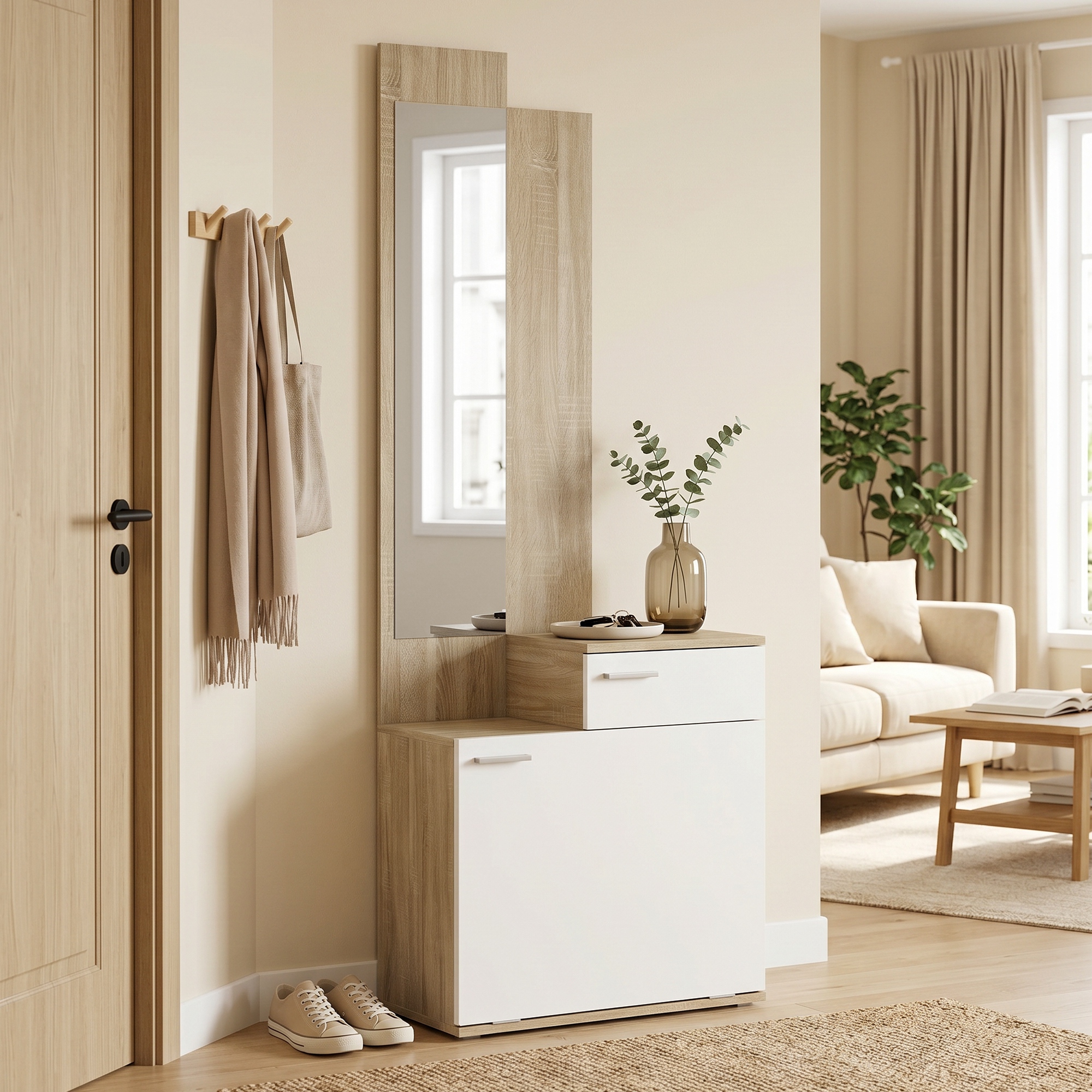 Homcom Mobile ingresso con specchio, scarpiera, seduta e cassetto, 61x30x170 cm, bianco   Aosom Italy