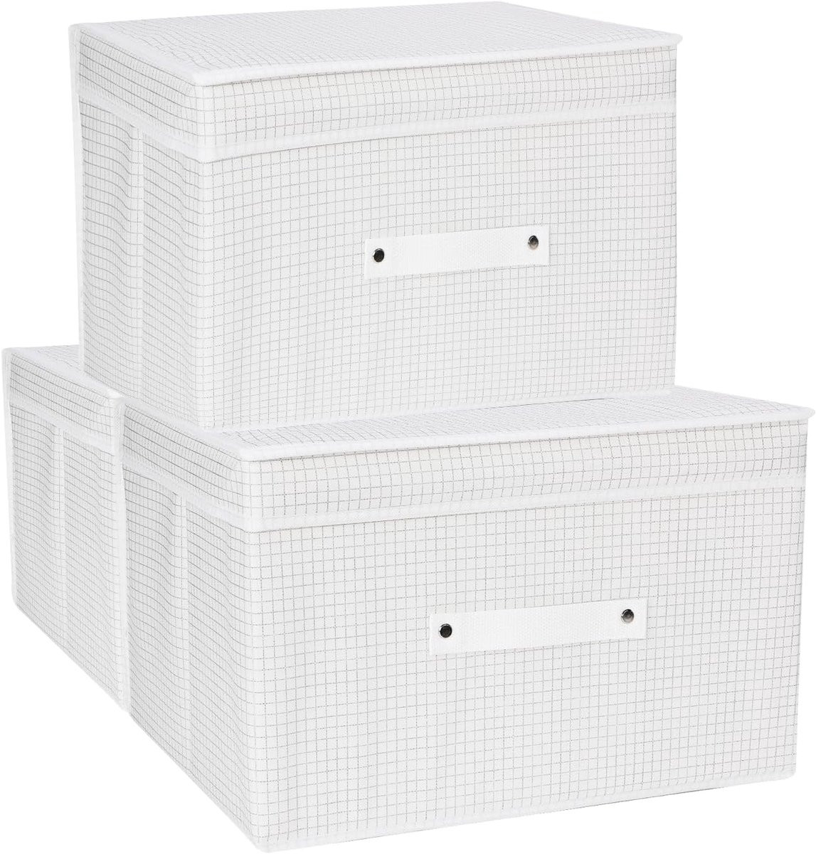 Set van 3 opvouwbare canvas opbergmanden met deksels, wit grid, textiel