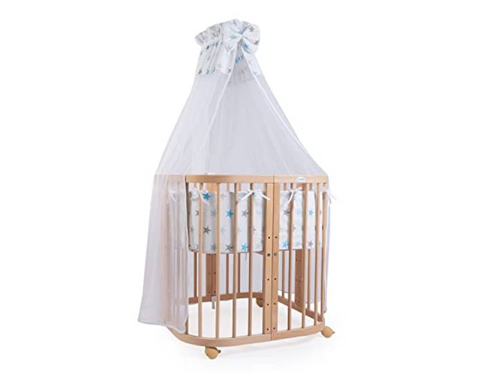 waldin Babybett 7in1, Matratze, Rollen, Regal, Natur Stoff Sterne Blau, Mitwachsend, Beistellbett aus Holz, Wiege optional