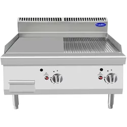 Fry Top Gas glattgewalzter Edelstahl 2 Zonen. Piezo-Zündung. Reste-Schublade. Leistung 2x7 kW. Abmessungen BxTxH 80x70x54,7 cm. AT7G8G-C-D