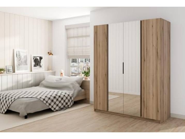 AX Living Nehir Schrank 200 cm Eiche Evoke, 2 Spiegel mittig 2 Spiegel mittig; 2 glatte Türen – mehr Ordnung im Alltag.