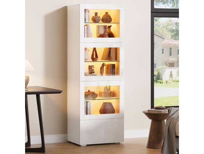 Armoire blanc brillant 60x40x173cm avec vitrine acrylique éclairage LED - Meuble de rangement 3 étagères verre pour salon
