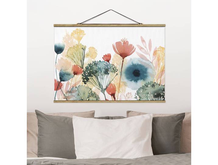 Stoffbild Wildblumen im Sommer I Webstoff Weiß 80 x 54cm