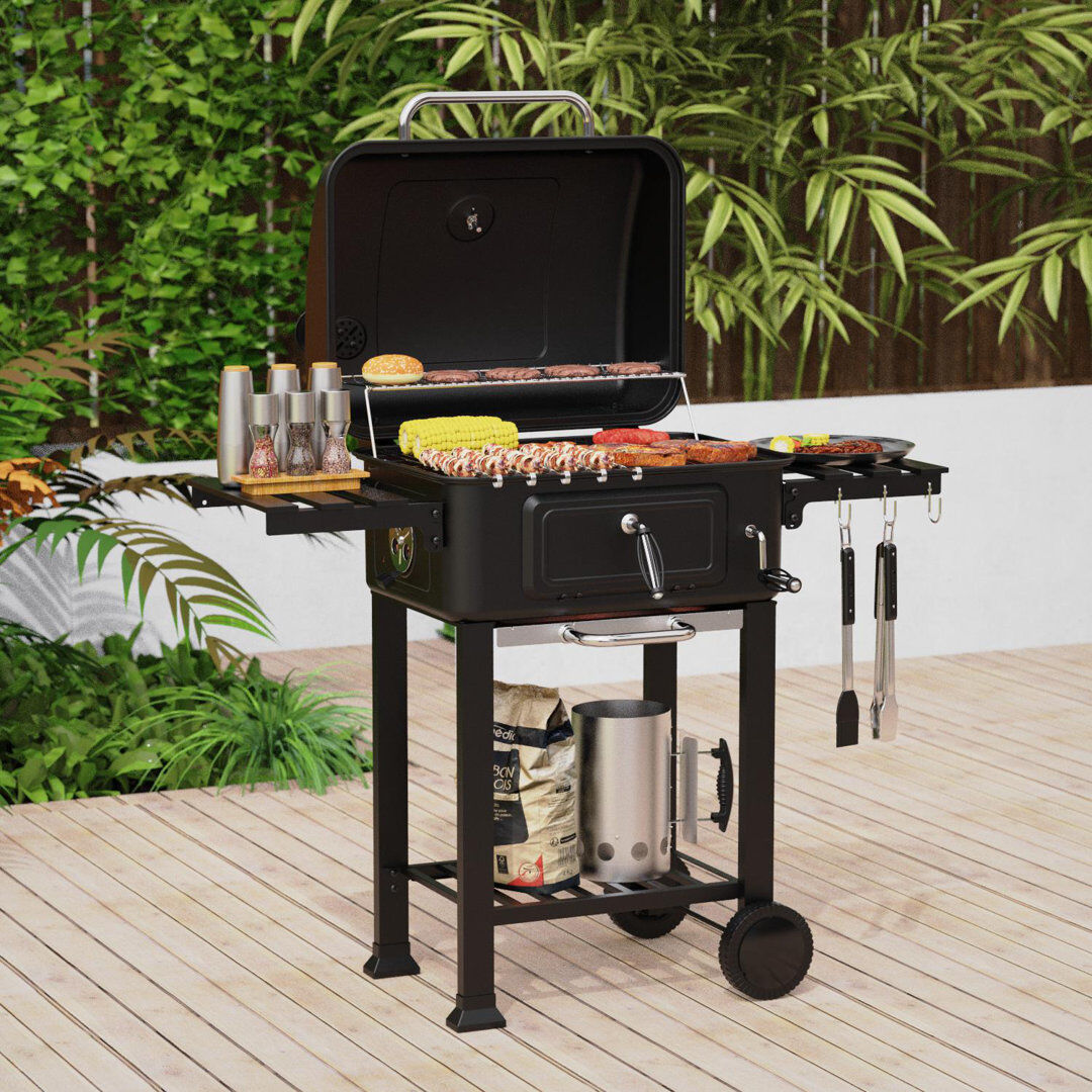 House of Home BBQ Smoker Grill Folding Tables, Thermometer, Adjustable Charcoal Pan, Chimney Matte Black 54cm W