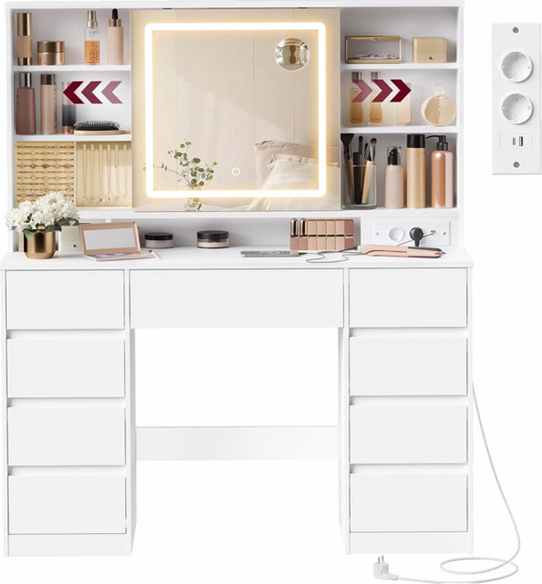 Sierra Kailyn Collection RDT137W01 Make-uptafel met ledspiegel, 9 laden en 10-voudig vergrootglas, 3 kleuren verlichting, wolkenwit