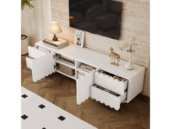 QLTXYHML TV-Möbel, 175 x 38 x 37 cm, Eisenweiß, 2 Schubladen, 2 gebogene Türen