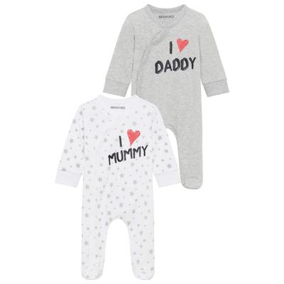 Schlafoverall KIDSWORLD "2er Schlafoveralls: I love Mummy / I love Daddy", Jungen, Gr. 62/68, N-Gr, grau (weiß, grau, meliert), Interlock, Obermaterial: 100% Baumwolle, bedruckt, Basic, Basic, Rundhals, Overalls, aus Bio-Baumwolle, Baby-Overalls