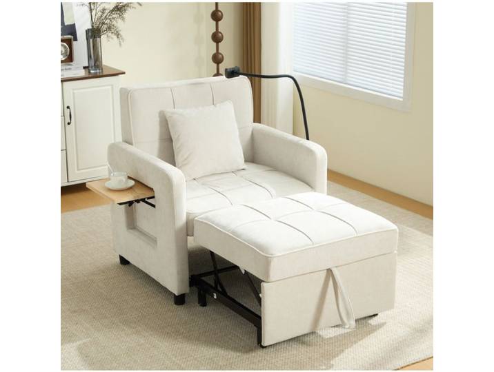 Fauteuil convertible 1 place réglable 5 positions - ELVMI - rangement tablette chenille beige 79 × 83 × 167 cm