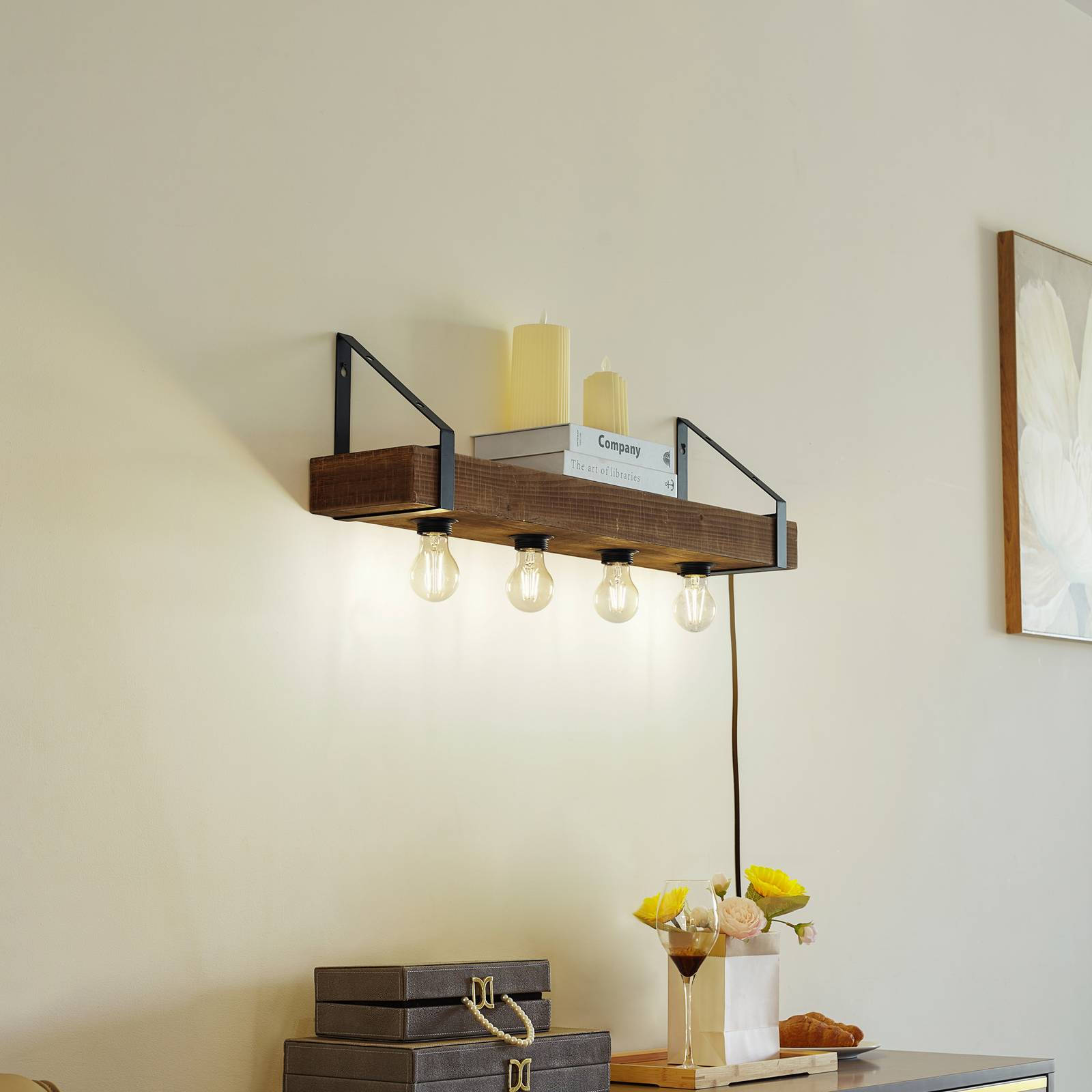 Wall Light Vatana Lindby, dimmable, Dark wood, Living / Dining Room, Wood, Country House / Rustic, Wall Light