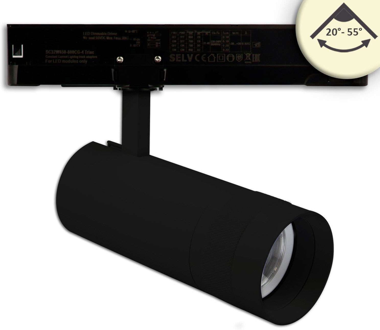 Isoled 3-Phasen Schienen-Strahler Fokussierbar, 24w, 20°-55°, Schwarz Matt, 2700k, Dimmbar