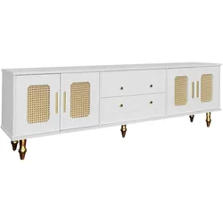 Lowboard TV-Möbel 175x38x55 cm in Weiß mit Rattantüren, goldenen Griffen und eleganten Füßen, praktischer Stauraum für Multimedia-Geräte