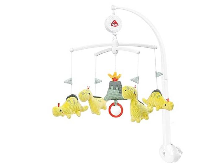 Fehn Musik-Mobile Happy Dino – Aufzieh-Mobile mit Spieluhr-Melodie „Brahms Wiegenlied“ und Figuren zur Beruhigung & Beschäftigung – Mit Bett-Befestigung für Babys von 0-5 Monaten