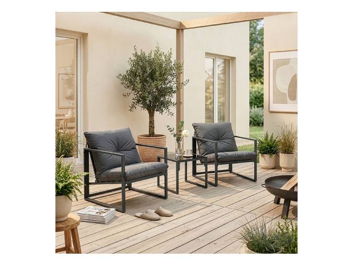 casa.pro Gartenlounge-Set, (Set, 3-tlg), »Karg« Couchtisch mit 2 Sesseln Kissen Metall Dunkelgrau