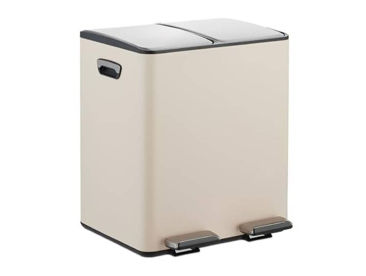 Relaxdays Mülleimer, 2 Fächer, je 15 Liter, beige/Silber entnehmbare Inneneimer, Fußpedal, Küche, Tretmülleimer, Eisen