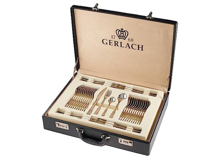 Gerlach Valor Besteck-Set im Koffer 12 Personen Spülmaschinenfest Essbesteck Edelstahl Tafelbesteck Messer Gabel Löffel Teelöffel Kuchengabel Soßenlöffel Kuchenspachtel Gläzend Rostfrei 68 Stk, 52 x 42 x 10 cm