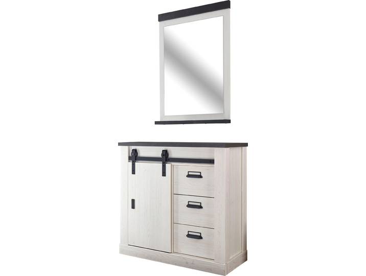Garderoben-Set HOME AFFAIRE Sherwood, Garderobe im Industrial-Style, Komplettset mit viel Stauraum , weiss (pinie weiß dekor), B:93cm H:200cm T:43cm, Kastenmöbel-Sets, Garderoben-Set, enthält Kommode und Spiegel, Scheunentorbeschlag & Apothekergriff