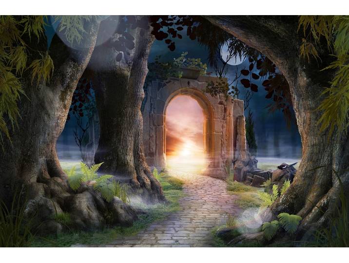 Fototapete PAPERMOON MÄRCHEN-LANDSCHAFT-ARKADE BÄUME FANTASIE SONNE MOND , bunt, B:4,5m L:2,8m, Vlies, Tapeten, Fototapete