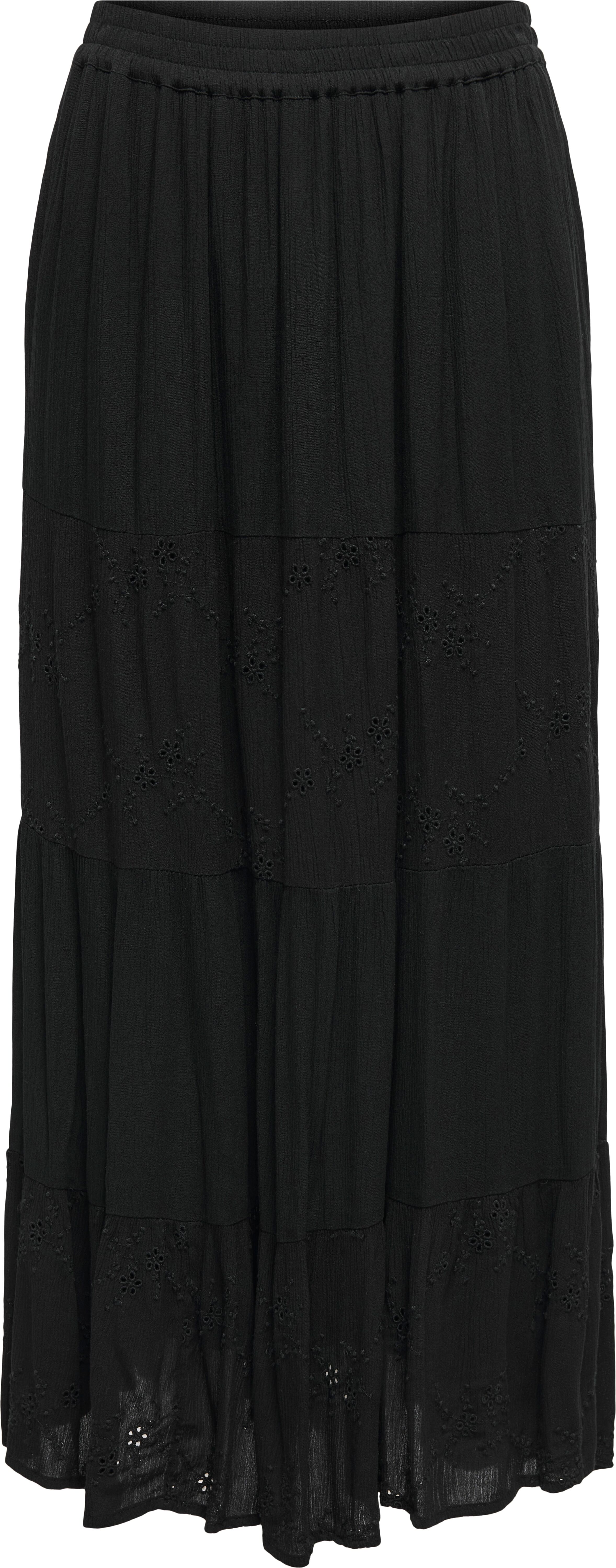 Maxirock ONLY "ONLCHIARA BRODERIE LONG SKIRT PTM", Damen, Gr. XS (34), schwarz, Obermaterial: 100% Viskose, unifarben, regular fit bodenlang, Röcke Maxirock schwarz XS (34)