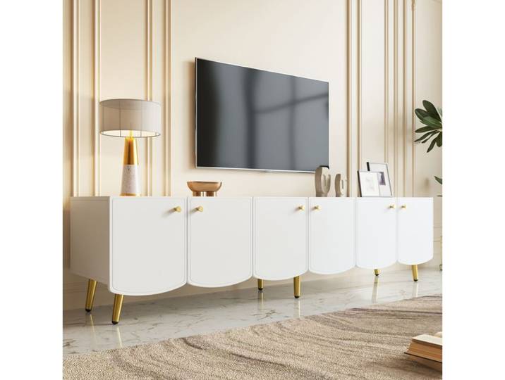 MEUBLIV Meuble TV 180 cm blanc et or 6 portes en panneaux de particules style moderne