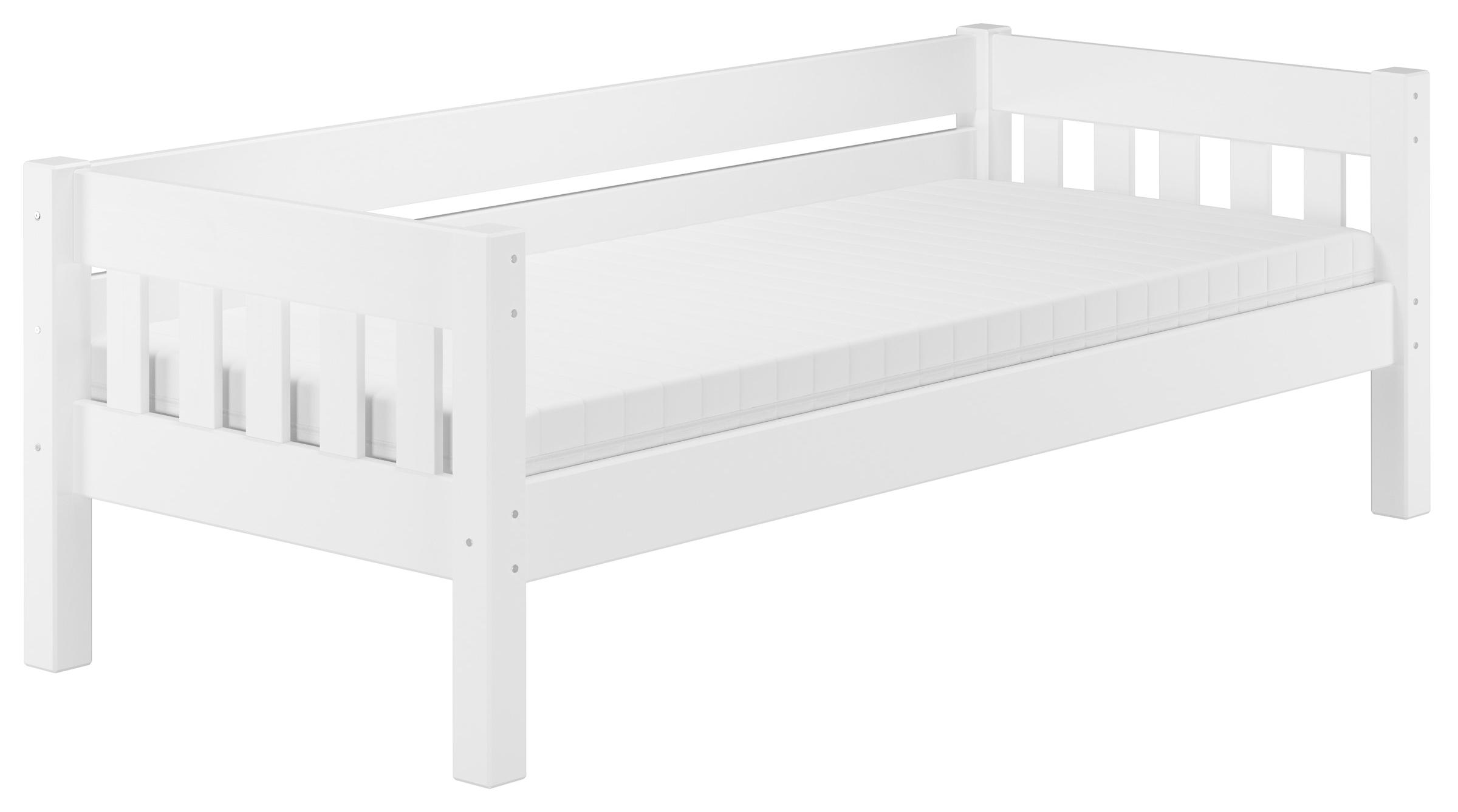 Weißes Couchbett Einzelbett 90x200 Massivholzbett Sofabett mit wählbarem Zubehör V-60.53-09WRollrost und Matratze inkl.
