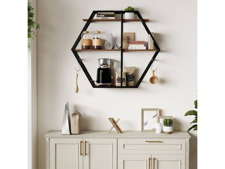 Étagère Murale à 3 Niveaux COSTWAY Cadre en Métal Crochets Étagère Flottante Hexagonale Industrielle pour Chambre Salon Cuisine