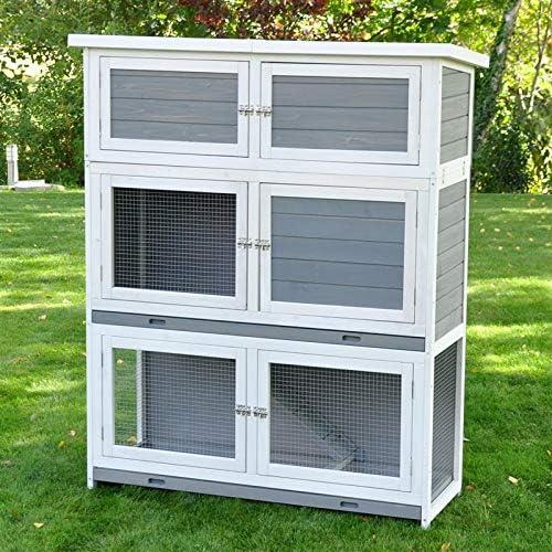 Premium 3-stöckiger Kaninchenstall Hasenstall XXL Meerschweinchenstall Schnuffi draußen mit Staufach wetterfest 141 x 122 x 48 cm