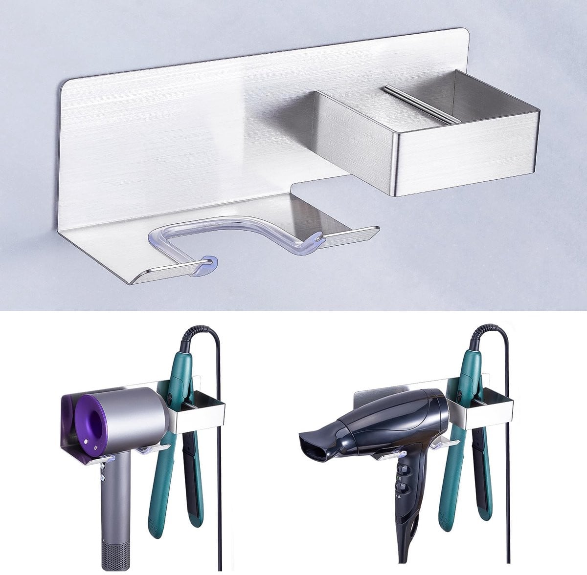 Dailygoods Haarföhnhouder Wandhouder zonder boren - Zilver - RVS