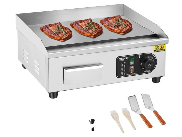 VEVOR Gril électrique commercial\, 2800 W\, plaque de gril plate pour le plan de travail\, température réglable de 50-300 °C\, 45 x 30 x 1 cm\, plaque de gril en acier inoxydable avec
