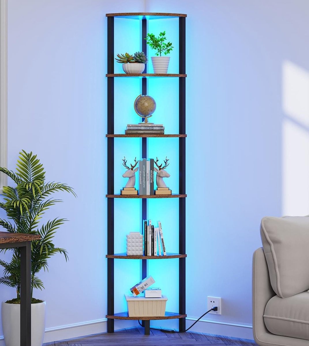 Rustieke bruine hoekplank met 6 niveaus en geïntegreerde LED-verlichting