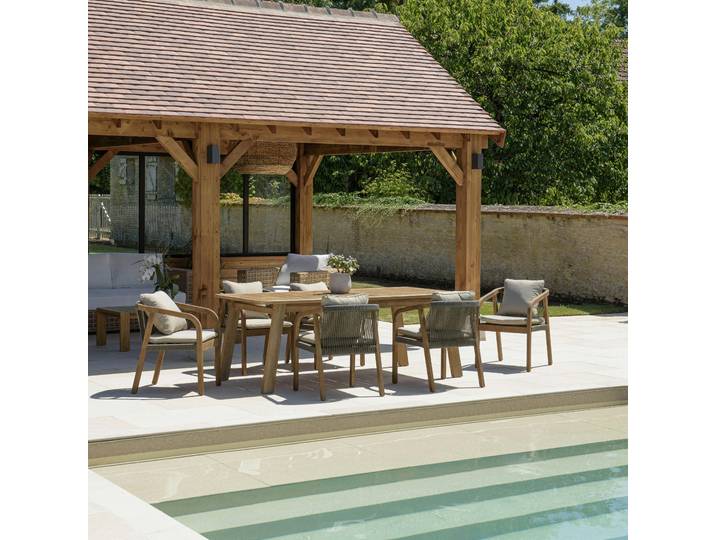 Salon de jardin table acacia et 6 fauteuils cordage vert avec coussins BAHIA