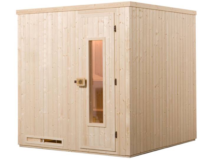 Sauna WEKA Elementsauna HALMSTAD 2 , beige (natur), Saunaofen, integrierte Steuerung, 5,4 kW, Saunen, Sauna, vorgefertigte Elemente, isolierte Holztür