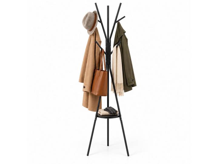 Relaxdays Garderobenständer Schwarz 9 Haken mit Ablage, Metall, Holzwerkstoff, 45x180x45 cm, Garderobe, Garderobenständer
