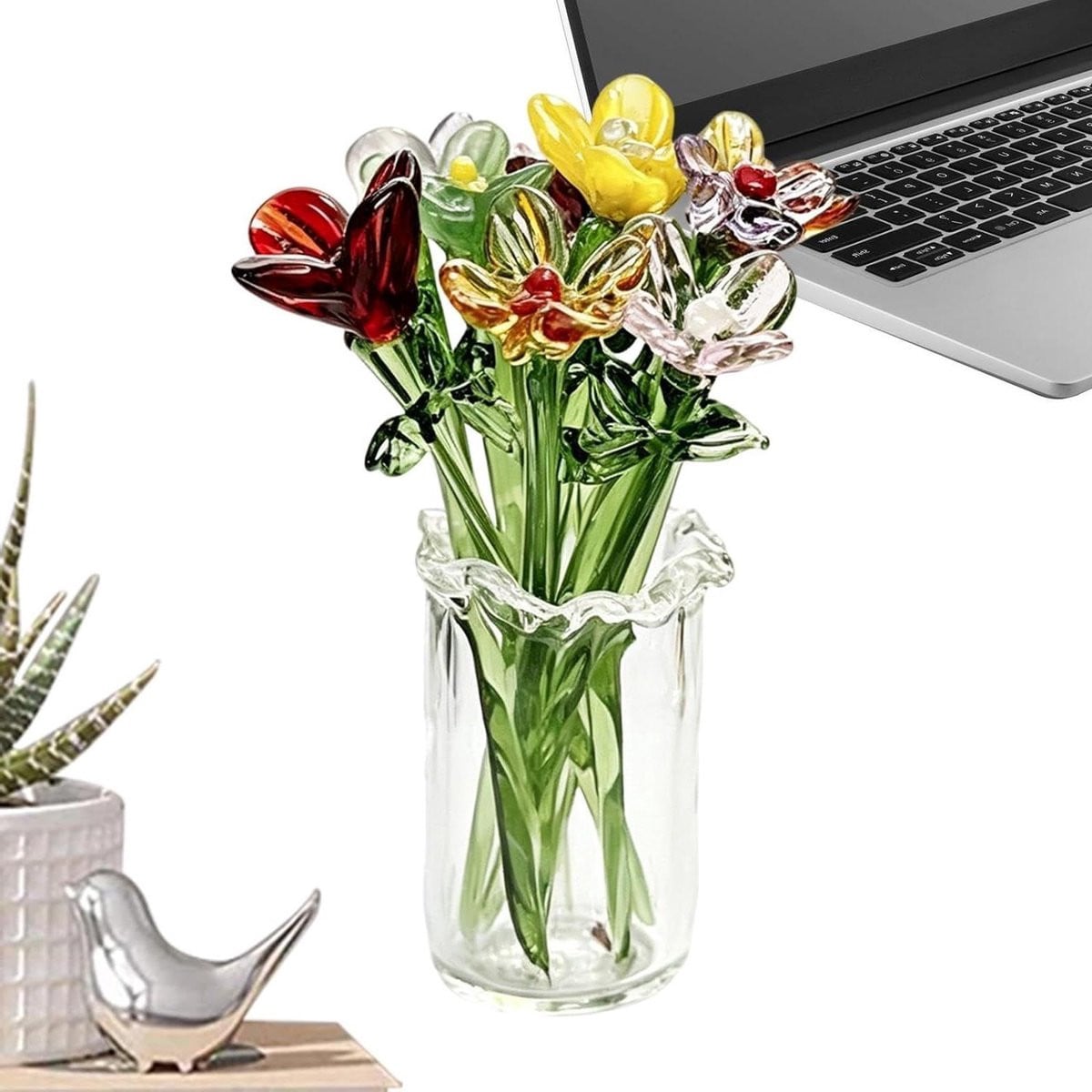 Set van 11 handgeblazen miniatuur glasbloemen voor bureau decoratie, multicolor