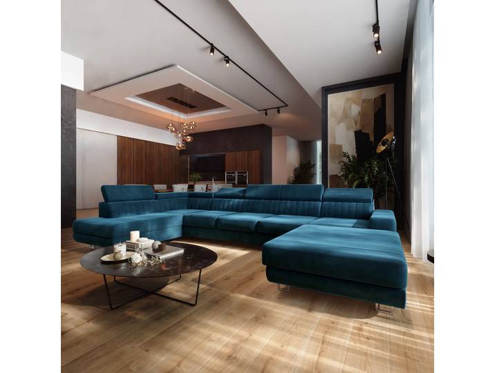 Masseno Ecksofa GAIAN mit Schlaffunktion und Bettkasten, Schlafsofa, U-Form Sofa, Couch für Wohnzimmer - Blau, MONOLITH 77