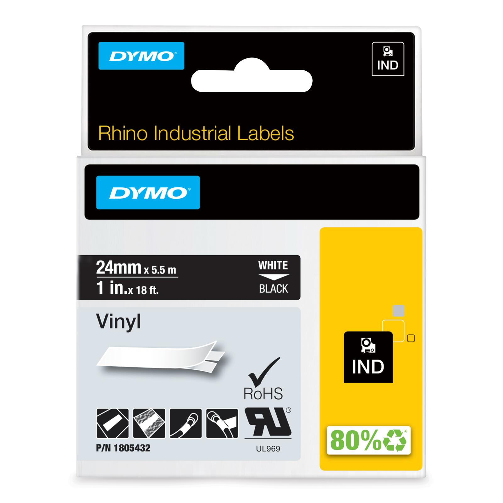 DYMO® Original IND-Schriftband für Rhino 6000+, farbiges Vinyl - weiss auf schwarz 1805432