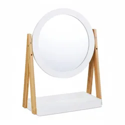 Relaxdays Kosmetikspiegel, schwenkbar, mit Ablage für Make Up, Kosmetik, Tischspiegel ∅ 32,5 cm, Bambus, MDF, weiß-natur