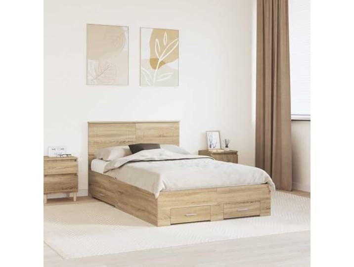 RJPLMFV Bettrahmen Sonoma-Eiche, 120 x 200 cm, Holz Mit Aufbewahrungsschubladen, Stangengriffen, Lattenrahmen inklusive, pflegeleicht
