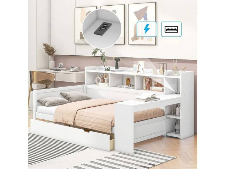 Lit gigogne - SOGEU - 90 x 200 - Blanc - 2 tiroirs - Prise secteur et port USB