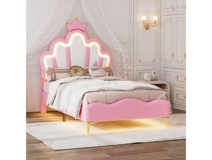 Lit Princesse 90x200 Lit Enfant Fille Lit Princesse en Forme de Couronne avec LED Lit Rembourré Tête de Lit Réglable Rose