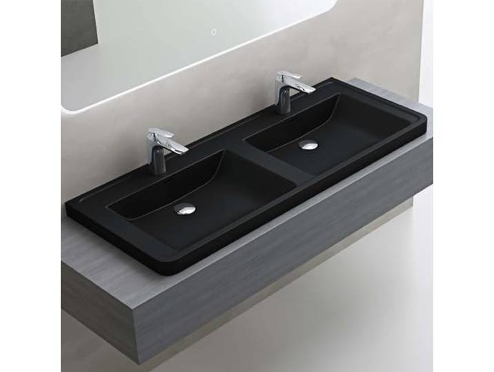 doporro Double Lavabo à Encastrer Vasque Lave Mains Noir Mat 120x48x14\,5cm Solid Surface\, pour Salle de Bain\, Colossum08