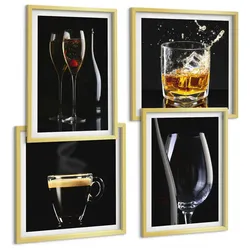 BILDER SET 4er Set - 50x50 cm & 40x60 cm Goldrahmen - Whisky, Wein, Champagner, Kaffee, Alkohol