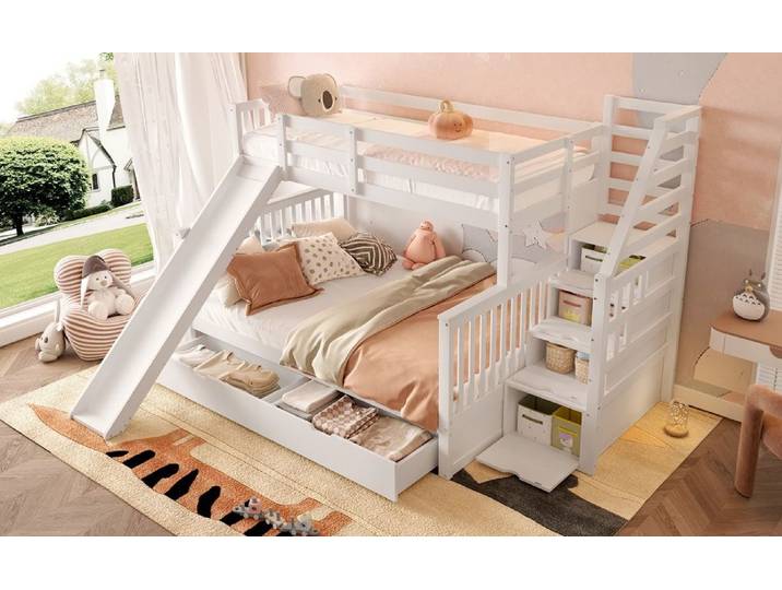 STILVORA Etagenbett 90+140x200 mit Schubladen,Kinderbett mit Rutsche,ohne matratze,Weiß (Etagenbett,mit Rutsche und Schubladen – Multifunktional, Viel Stauraum, Hochwertiges Kiefernholz, Ideal für Kinderzimmer, Weiß – Inklusive Stabile Treppe, Sicher und Praktisch), ohne Matratze