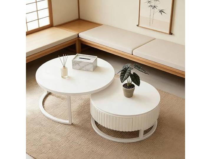 JPQTRYDRIS 50+70cm Modern Couchtisch Rund Weiss Couchtisch 2er Set Nested Beistelltisch Wohnzimmertisch Kaffeetisch Mit Ausziehbare Stauraum