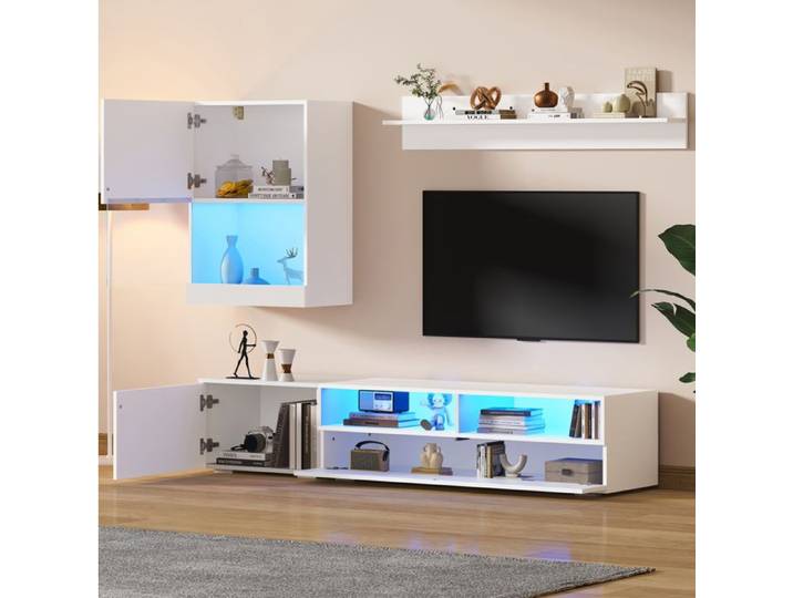 Ensemble Mural TV 3 Pièces Blanc Brillant Avec LED Meuble TV Meuble Mural Étagère Murale Jusqu à 80 Pouces Pour Salon