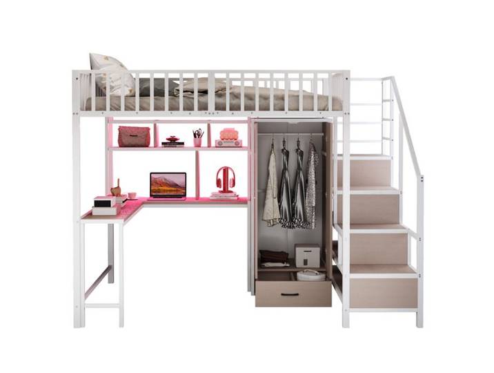 Lit métallique 140x200 cm avec bureau armoire tiroirs escalier de rangement et barrière de sécurité blanc