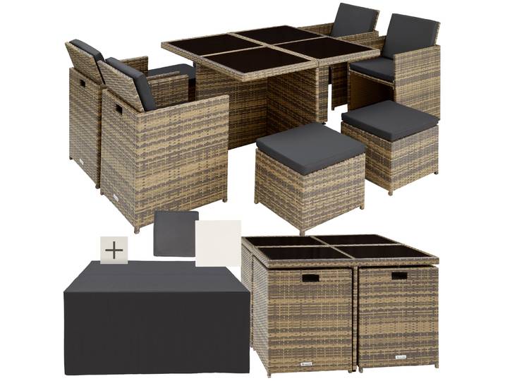 Aluminium Rattan Sitzgruppe Manhattan 4+4+1 mit Schutzhülle - natur